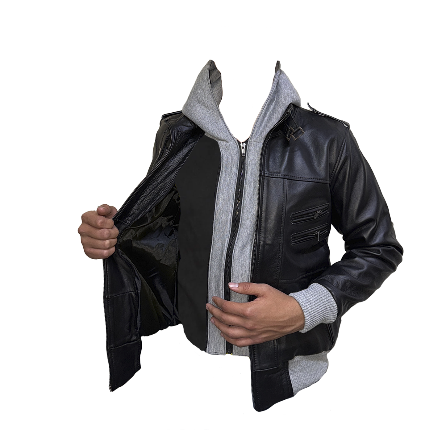 Chamarra de Piel con Hoodie Desmontable